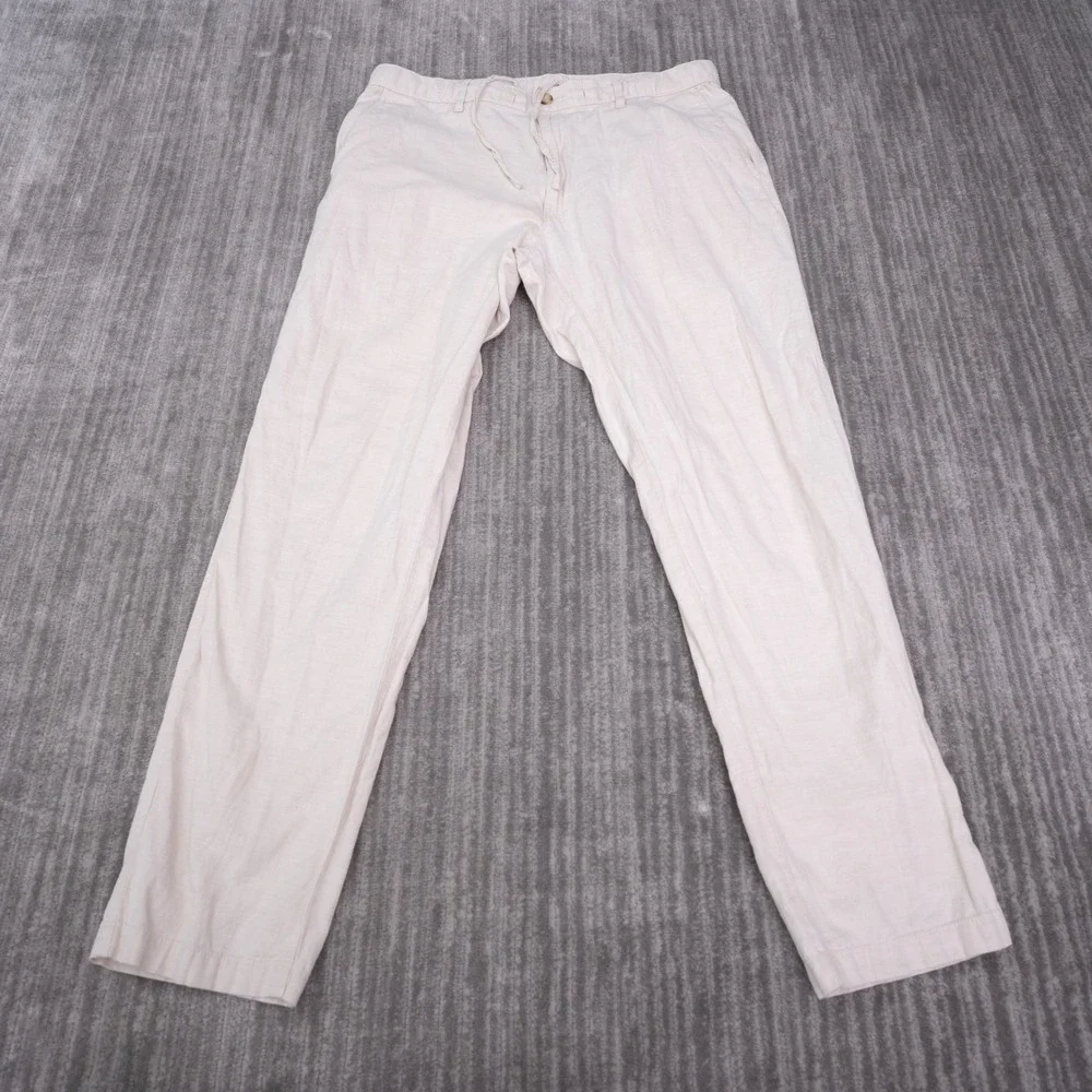 Uniqlo Linen Blend Pants Mens L Beige Excellent Drawstring Straight Leg Trousers